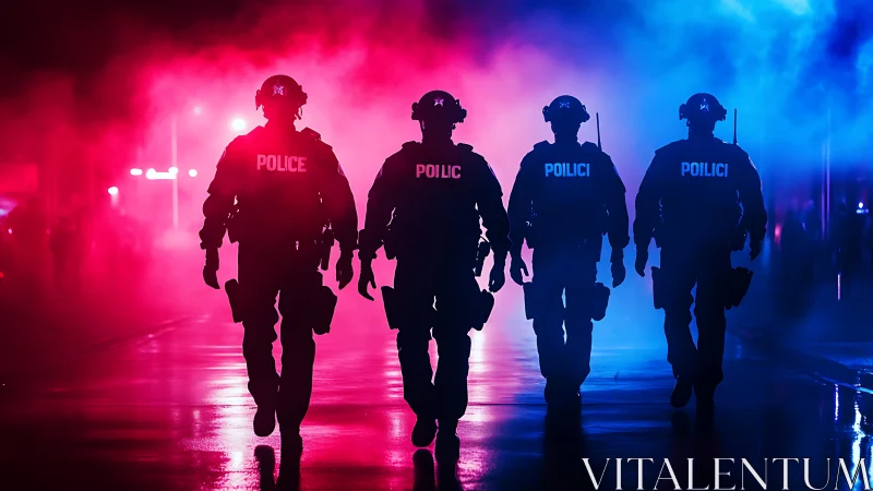 Backlit tactical police line advances through dense colored smoke