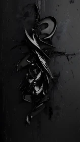Glossy black abstract sculptural form on dark textured field.