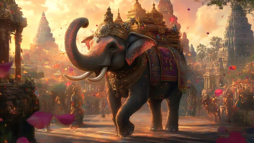 Majestic festival elephant strolling through golden temples.
