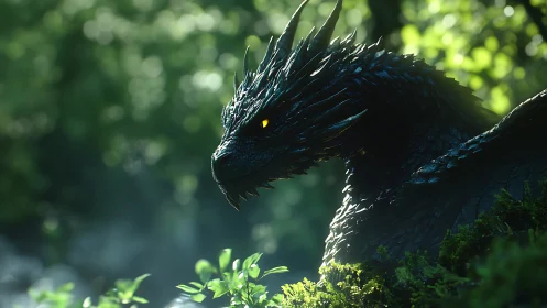 Gentle dusk dragon resting in a sunlit emerald forest.