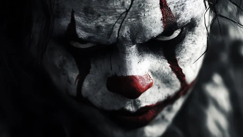 Close-up portrait of white-faced clown in dark setting.