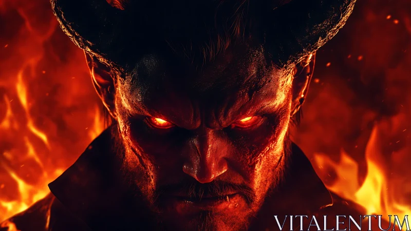 Infernal horned demon portrait in blazing cinematic firelight.