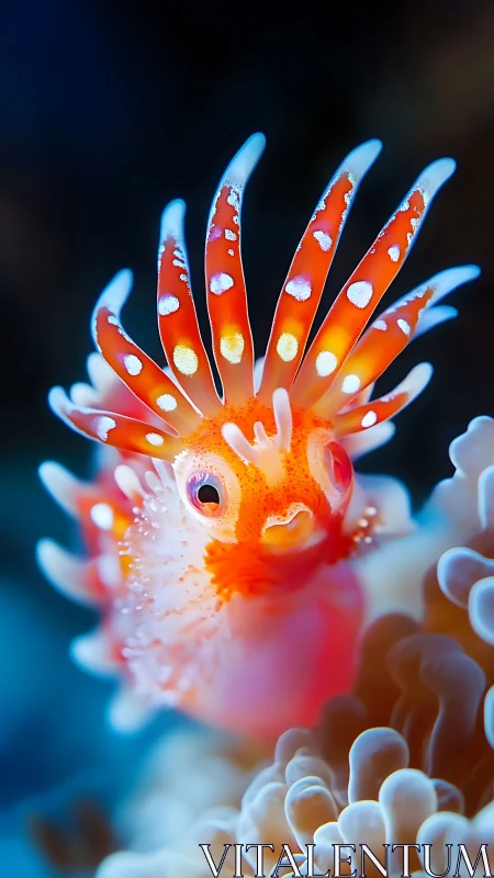 Macro portrait captures vivid orange nudibranch amid coral.