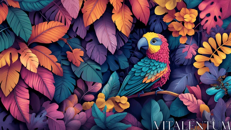 Neon jungle parrot perched in a lush prism of leaves.