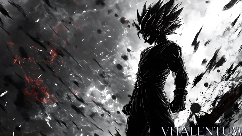 Silhouetted anime warrior stands against explosive monochrome sky