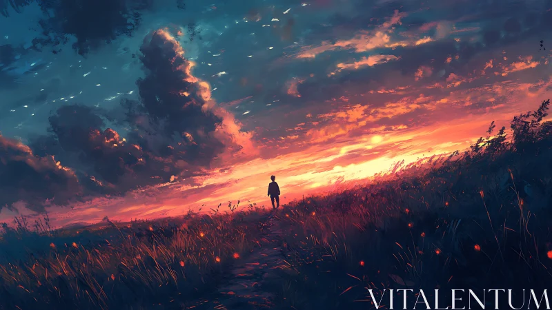 Solitary figure walking toward vivid cinematic sunset sky.