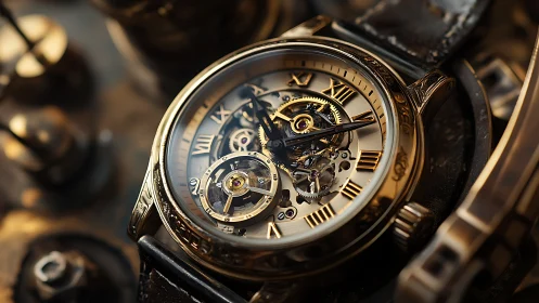 Skeleton luxury watch reveals intricate golden mechanics in detail.