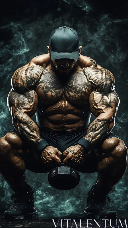 Muscular tattooed bodybuilder crouching with dumbbell.