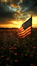Sunset-warmed flag drifts above wildflowers and gathering storm