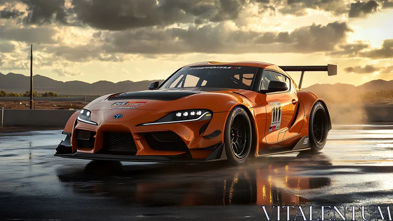 Orange GT race car drifts across wet track at sunset.