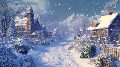 Snowfall over rustic village lane and wooden cottages at dusk.