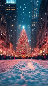 Snow-dusted city boulevard crowns its glowing Christmas heart