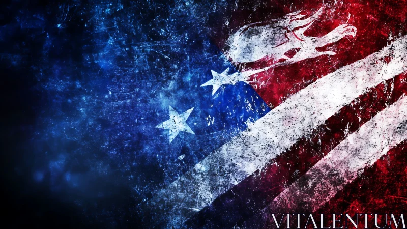 Grunge-textured American flag abstraction with dynamic diagonal layout