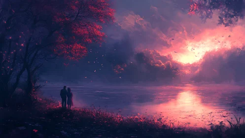 Two Silhouettes Share a Magical Sunset Moment by the Water.