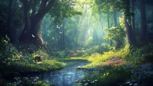 Enchanted Forest Stream with Radiant Sunlight and Blooming Flowers
