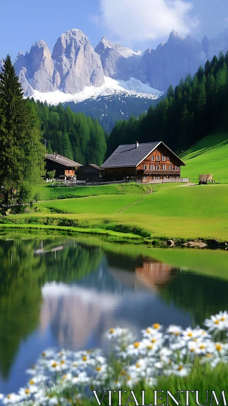 Alpine chalet by reflective lake under jagged peaks.