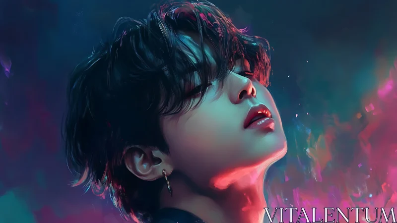 Dreamy neon portrait bathes a serene face in glowing color