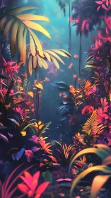 Luminous jungle path where neon leaves softly guide you.