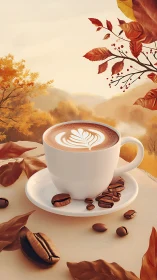 Latte art coffee cup rendered in warm autumnal color palette
