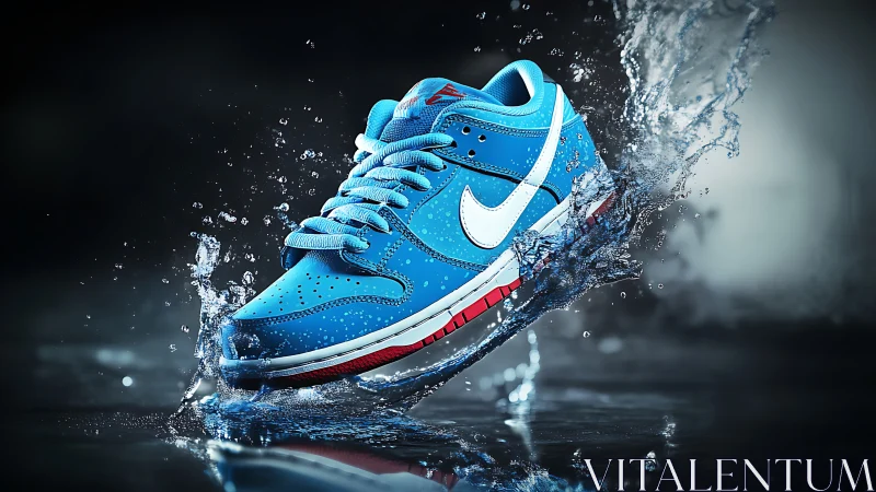 Blue athletic sneaker impacts water in dramatic splash