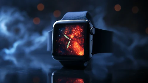Smartwatch display shows nebula-style analog clock face