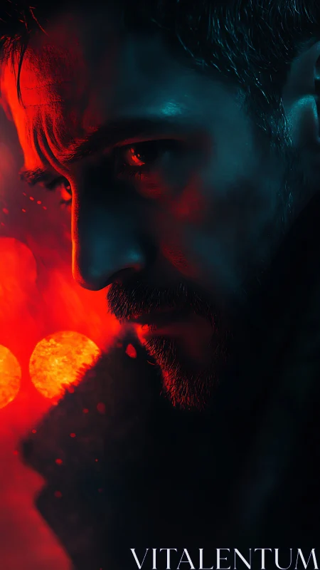 Male profile in red and blue low key cinematic lighting.