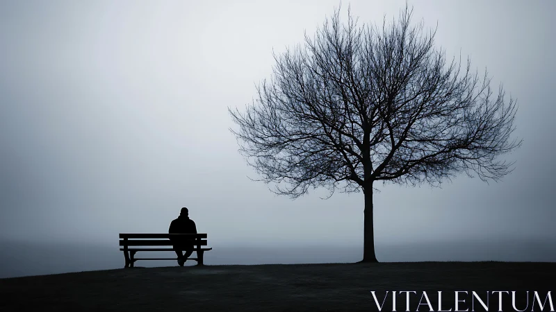 Silhouette person sits on bench beside bare winter tree