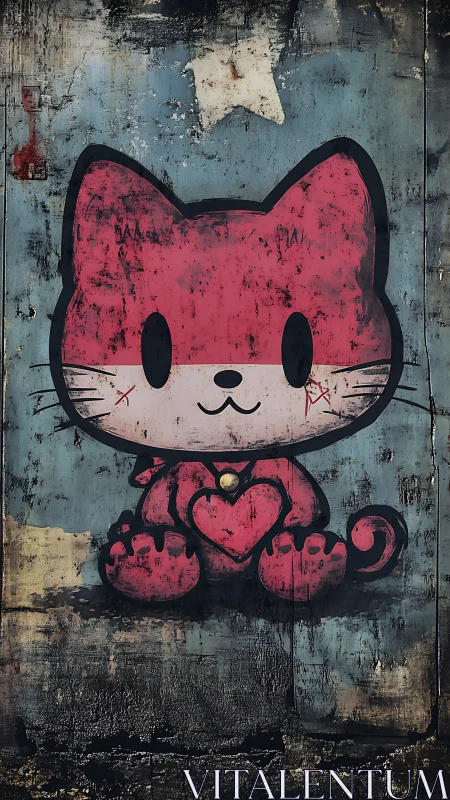 Distressed kawaii cat graffiti with heart motif on corroded panel