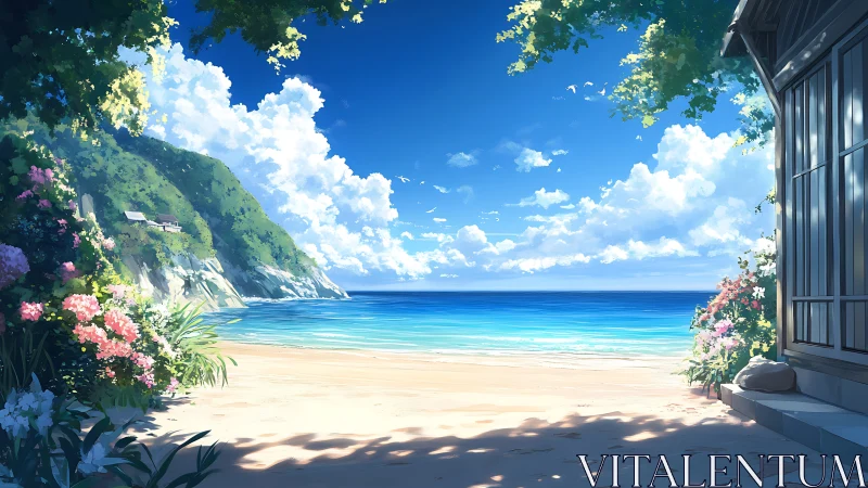 Coastal landscape depicts beach, house, vegetation, and sea