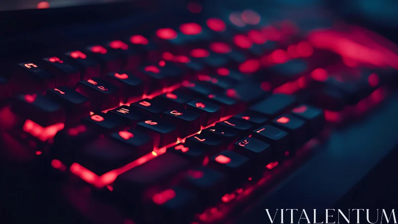 Mechanical keyboard with red LED backlighting in close view.