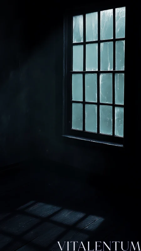 Cold frosted window casts gridded light onto dark wooden floor