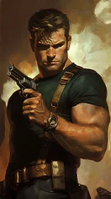 Battle-hardened soldier raises pistol under blazing clouds.