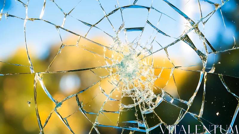 Radial crack pattern in broken window glass surface.