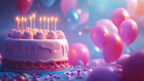 Birthday Cake with Lit Candles Surrounded by Pink Balloons.