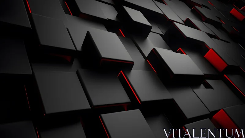 Black geometric cubes with red highlights in modern abstract style.