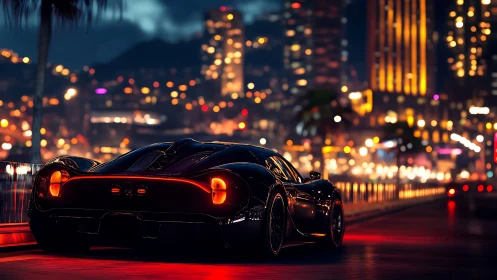 Midnight supercar glows against neon city skyline backdrop.