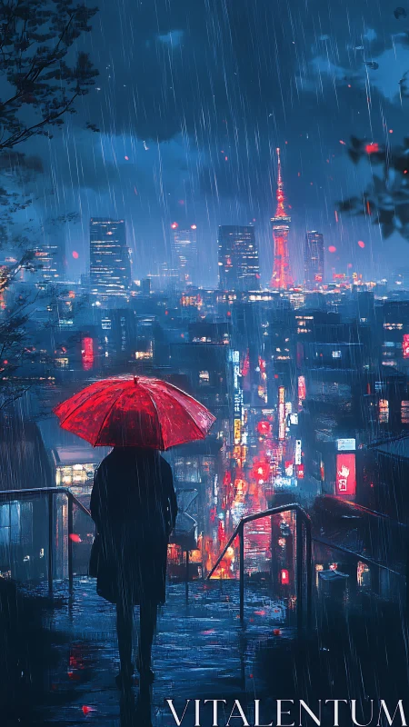 Scarlet umbrella pauses above neon-soaked, rainlit metropolis.