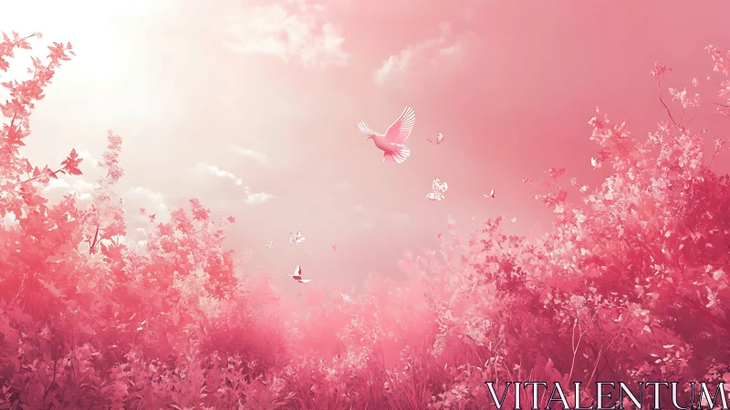Birds and butterflies fly above dense pink foliage landscape