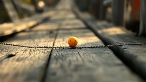 Small smiley ball on rope across weathered wooden boards.