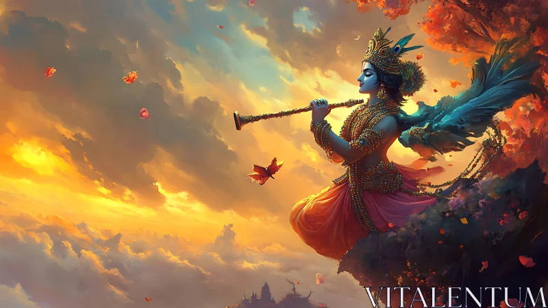 Blue-skinned deity plays flute above clouds at sunset