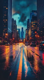 Rain slicked city avenue reflects neon dusk skyline