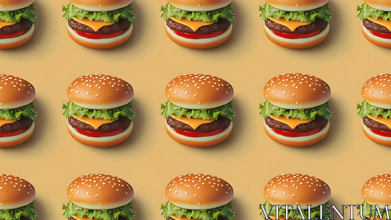 Repeating cheeseburger pattern on flat beige background grid.