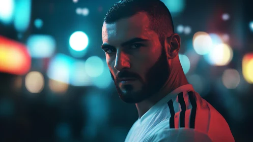 Brooding night runner under neon city haloed glare.