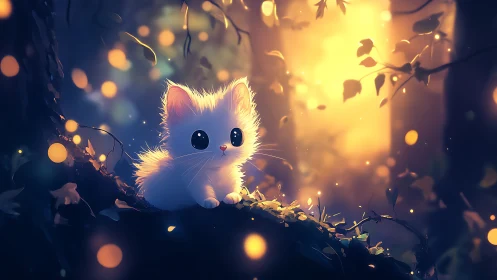 Luminous white kitten perched on forest branch amid golden bokeh