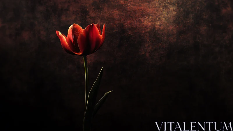 Low-key illuminated tulip against textured chiaroscuro field.