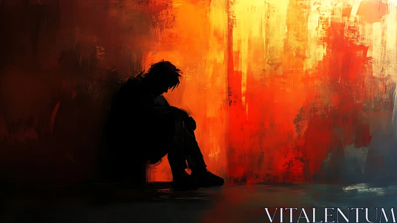 Silhouetted figure against incandescent abstract gradient field.