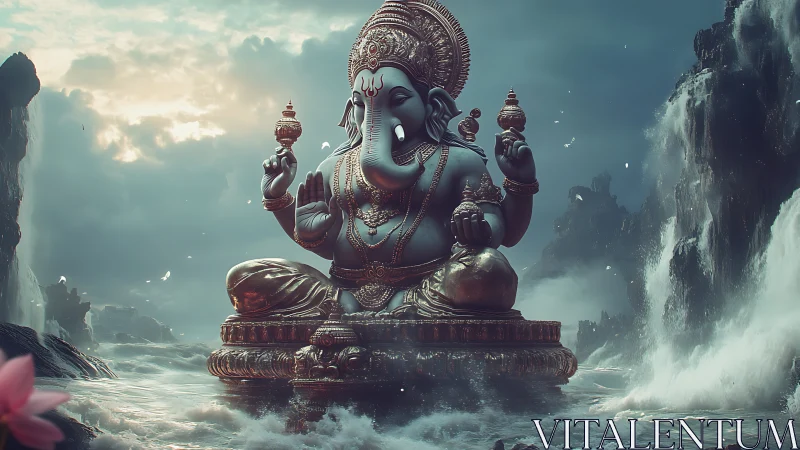 Rendered elephant-headed deity statue sits amid turbulent seascape