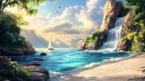 Waterfall Paradise Cove with Sailboat and Mountain Vistas