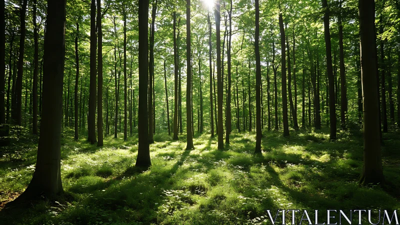 Sunlit green forest with tall trees and soft morning light.