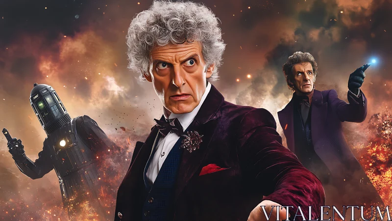 Time-travel hero and android in explosive cosmic battle.